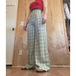 Nasty Gal Mint Green & Cream Plaid Wide-Leg Pants
